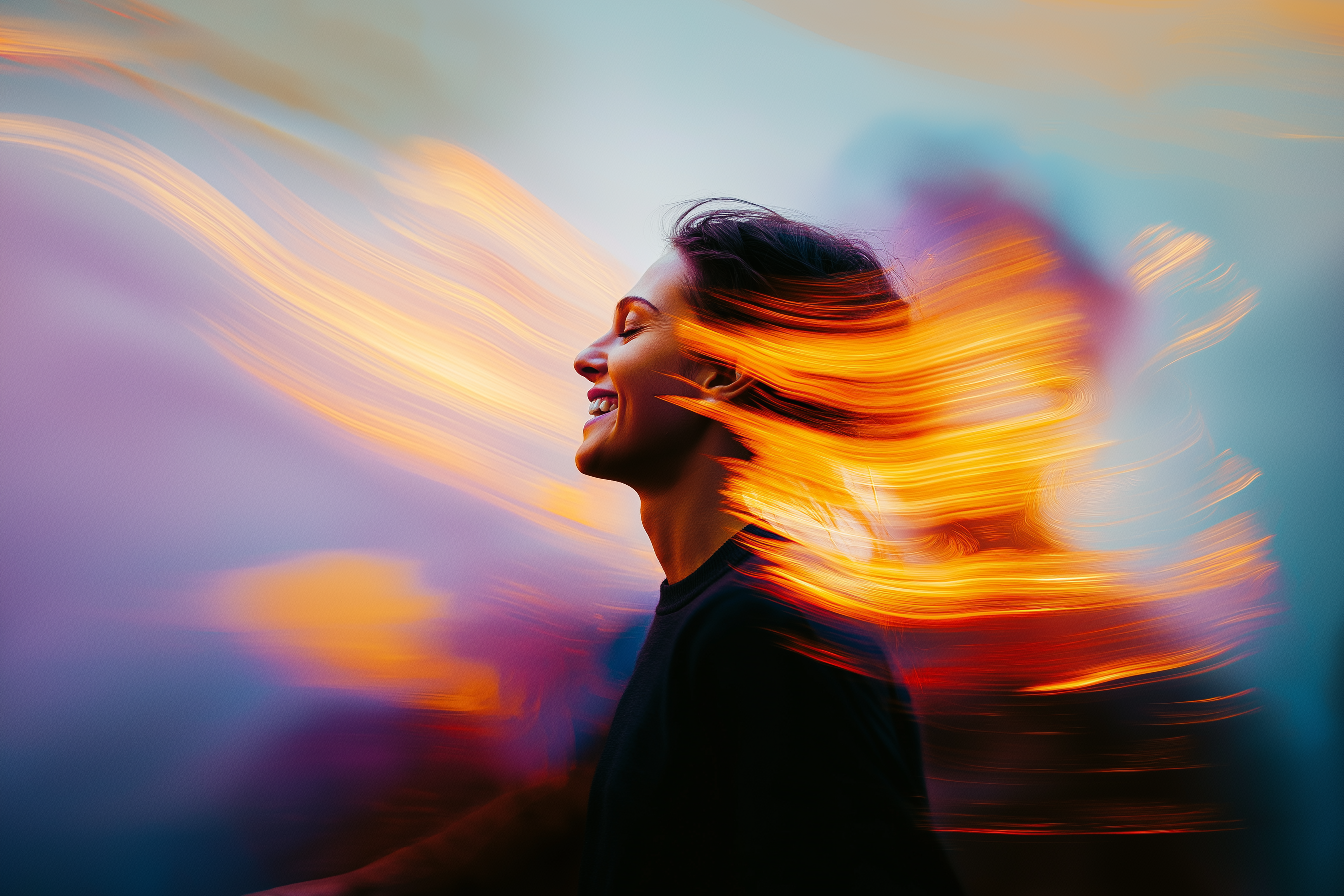 Mujer joven sonriendo, rodeada de destellos de luz futuristas, simbolizando la transformación personal y profesional gracias al aprendizaje en inteligencia artificial e innovación.