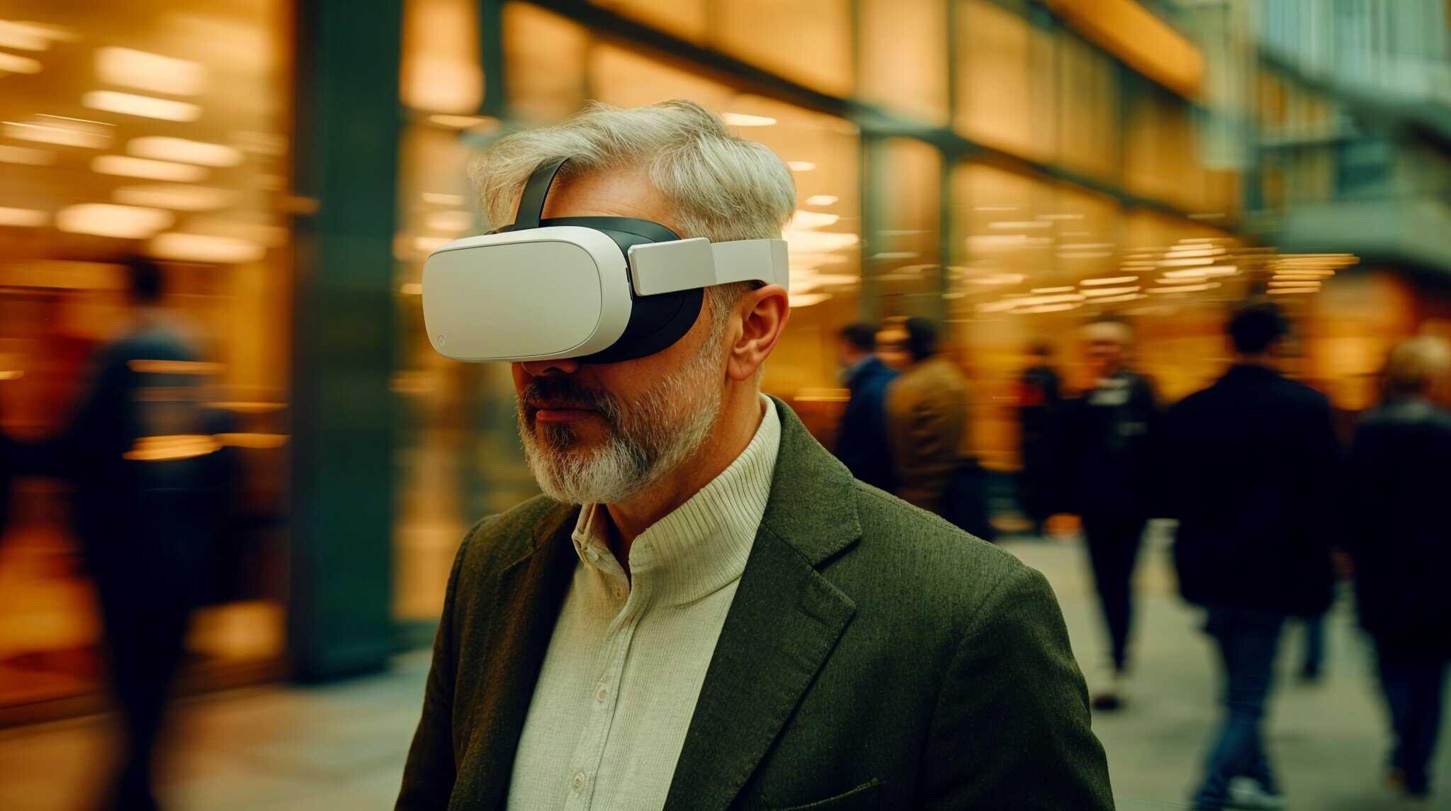 Hombre con gafas de realidad virtual caminando por una ciudad, simbolizando la aplicación de la realidad virtual en empresas.