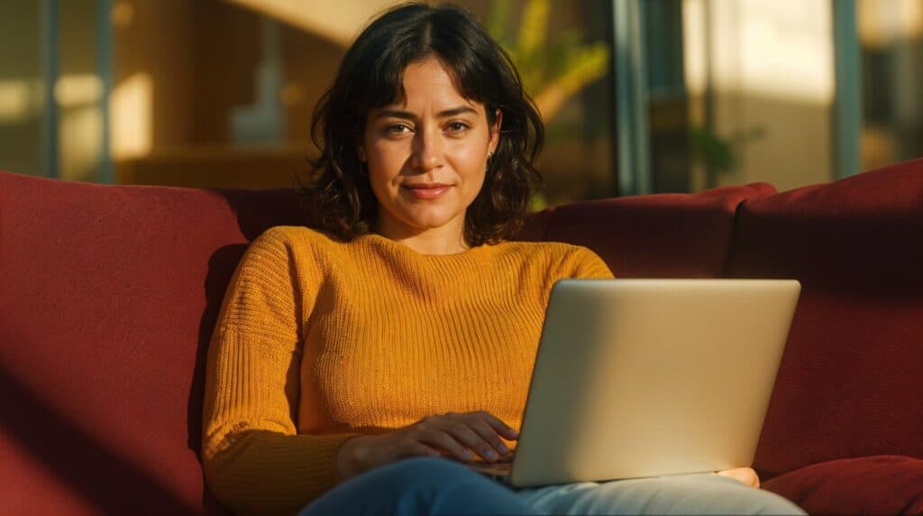 Mujer usando un portátil desde el sofá, representando la accesibilidad de la IA no-code.