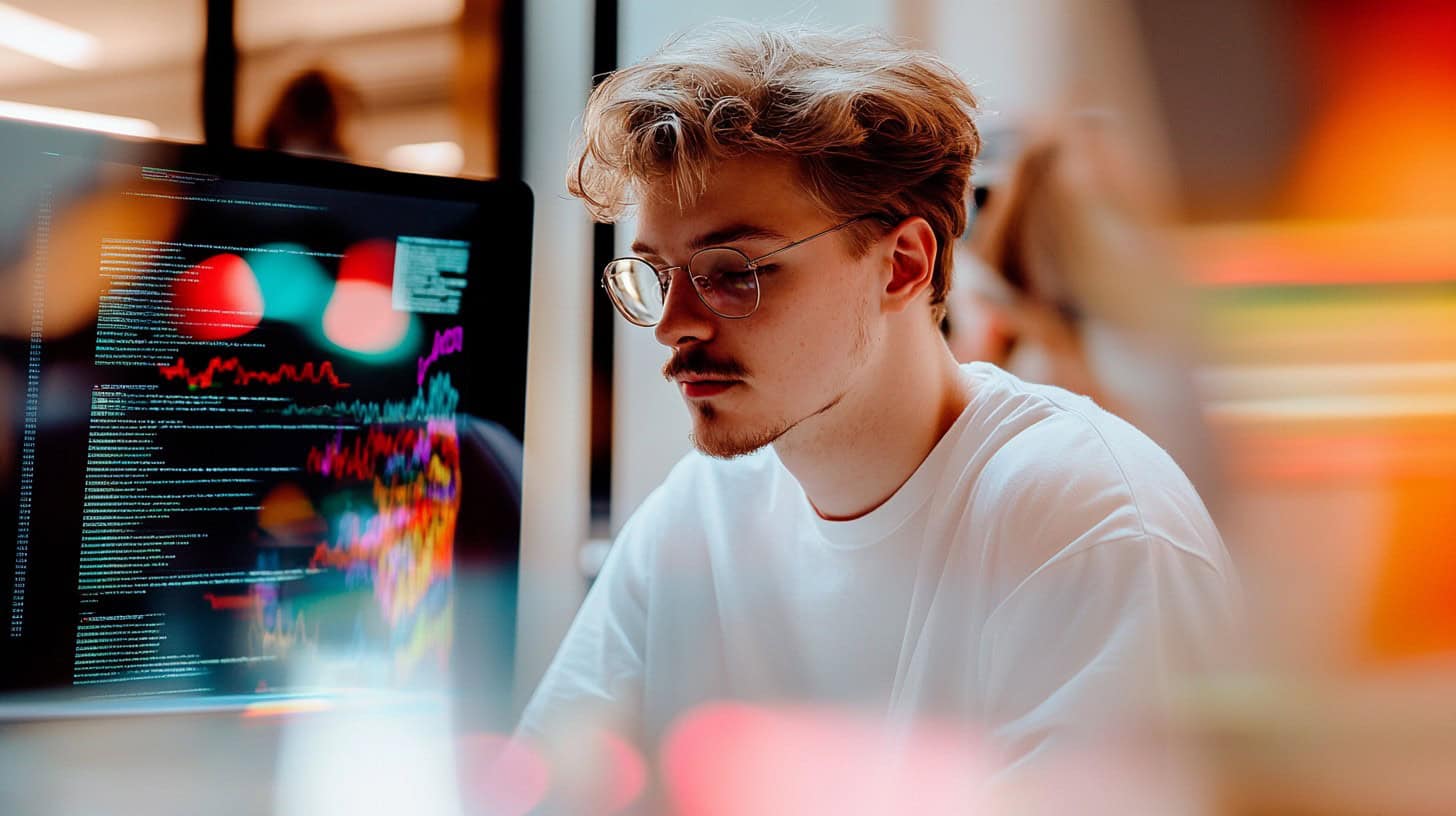Young developer working on AI programming with data visualizations and code on screen, representing the best computer programming languages for Artificial Intelligence.