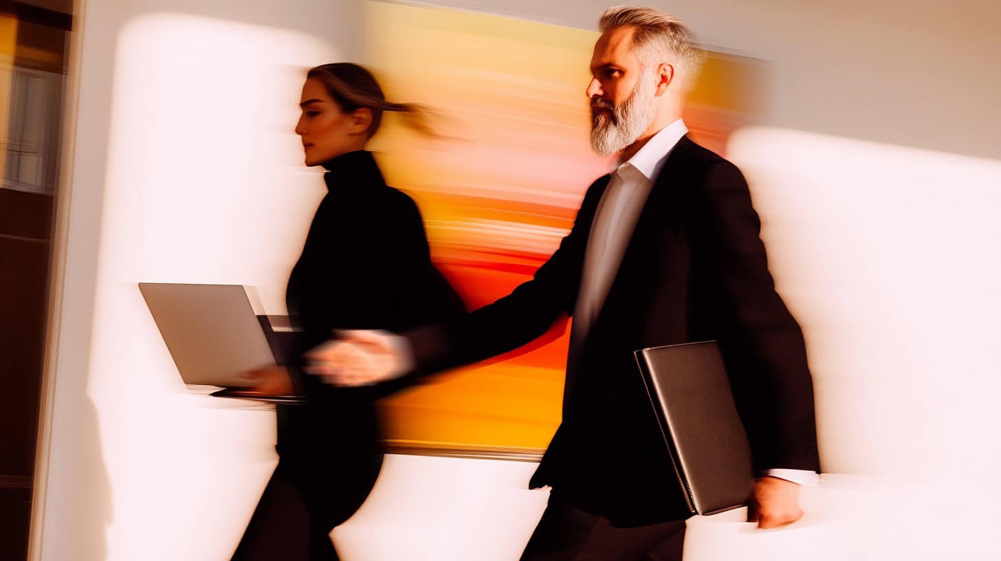 Ejecutivos caminando con ordenadores portátiles, simbolizando la automatización de procesos mediante blockchain y contratos inteligentes.