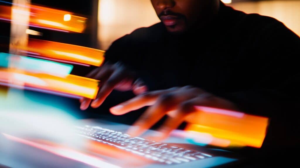 Primer plano de las manos de un hacker escribiendo en un portátil con luces en movimiento, representando un ataque de spear phishing.