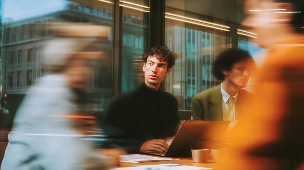 Two professionals in a modern office setting, with blurred people walking by, symbolizing the corporate adaptation to the European Union’s Artificial Intelligence Act.