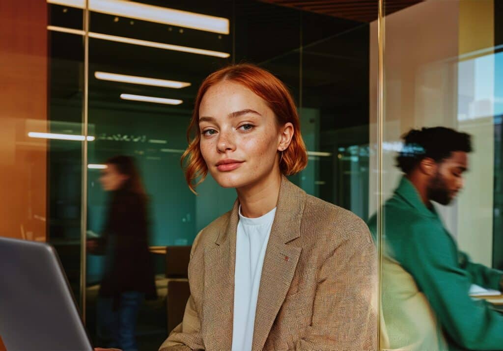 Young red-haired woman with a serene expression working on a laptop in a modern office, surrounded by movement.