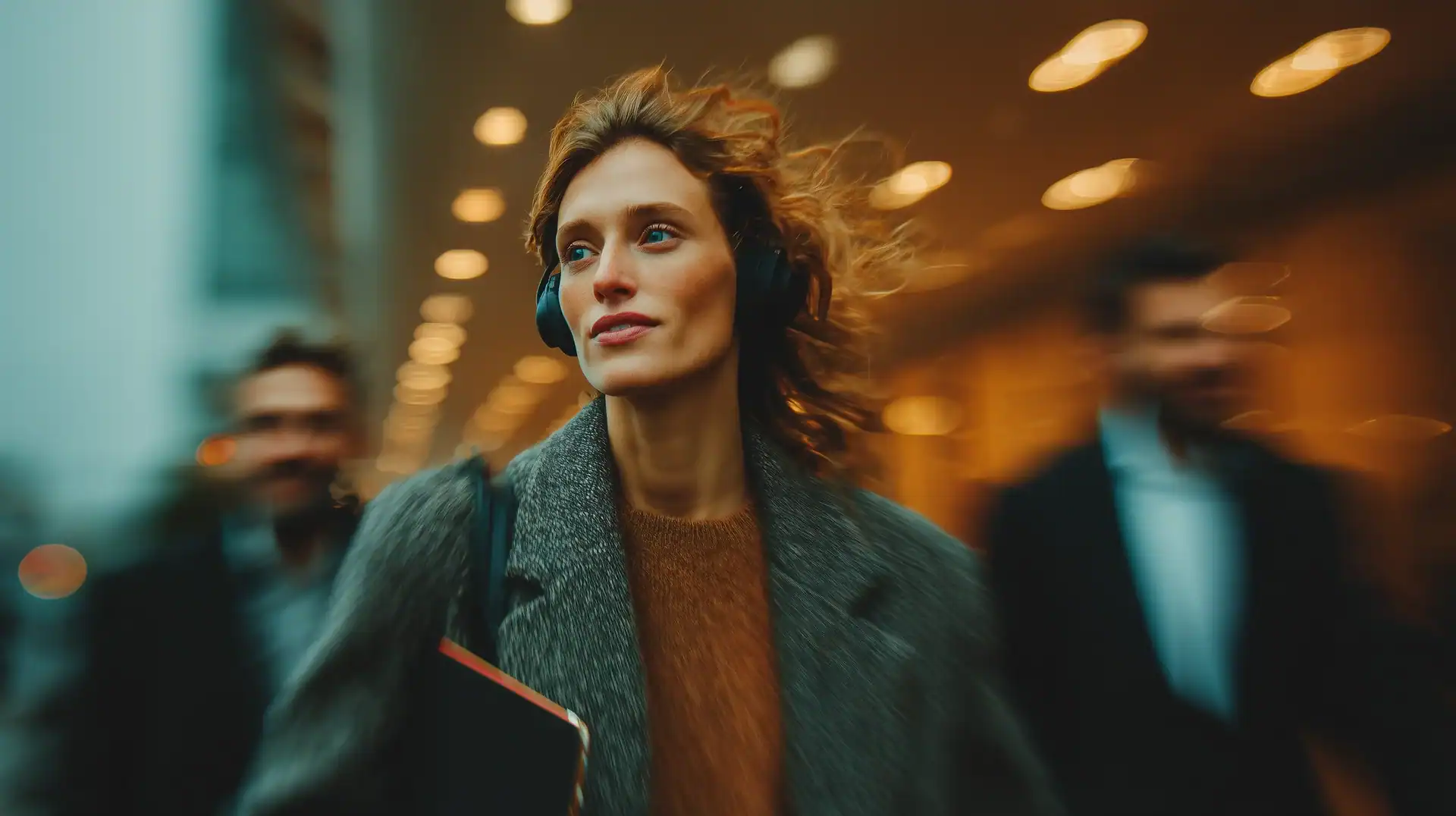 mujer escuchando música con abrigo andando por la calle