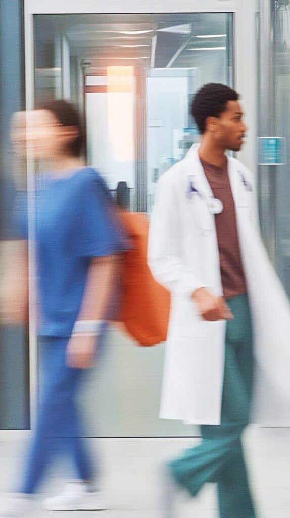 Two healthcare professionals walking through a modern hospital corridor, one wearing a white lab coat and a stethoscope, conveying a dynamic and technological environment.
