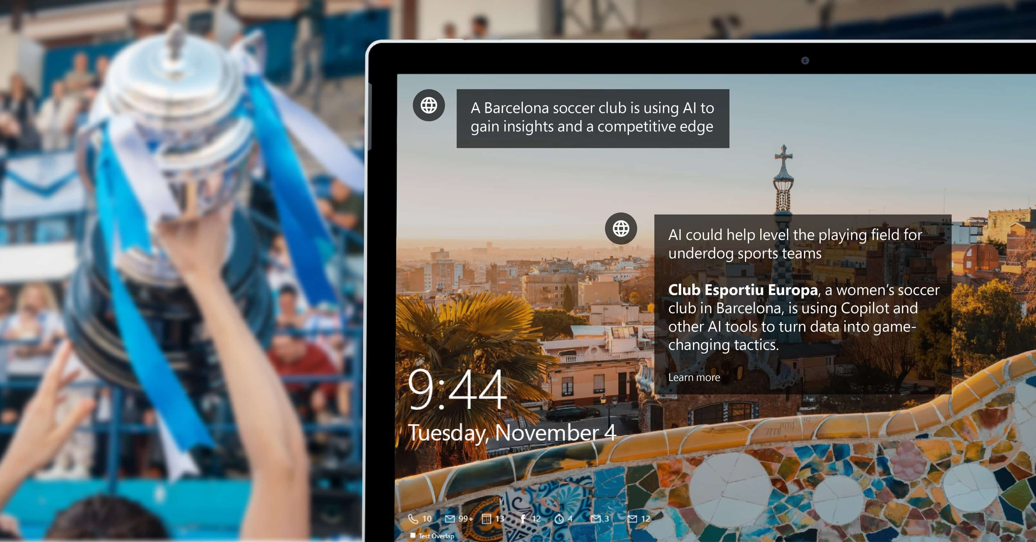 Pantalla de bloqueo de un ordenador con una vista panorámica de Barcelona, mostrando información sobre cómo el CE Europa femenino que usa inteligencia artificial para mejorar su rendimiento.