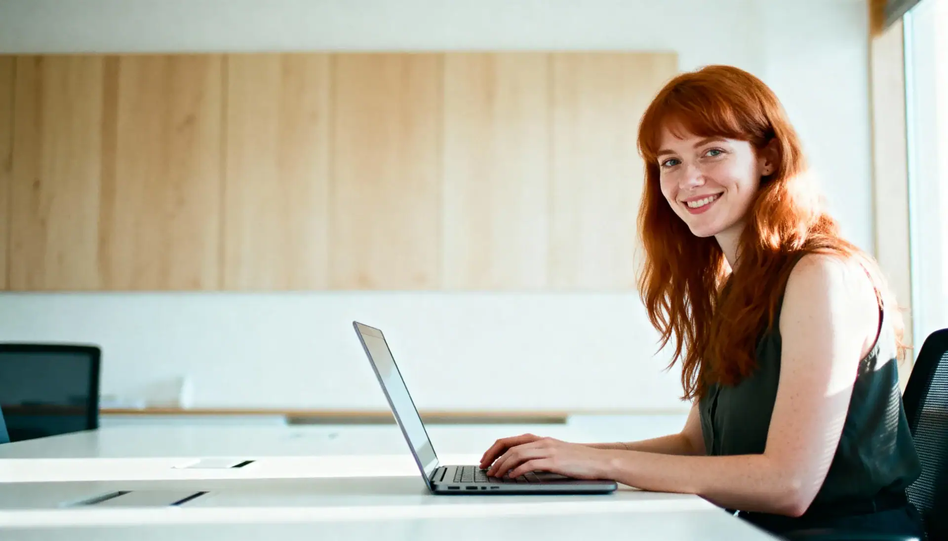 Young woman working on a laptop in an office, smiling confidently, modern work environment, productivity, professional female.