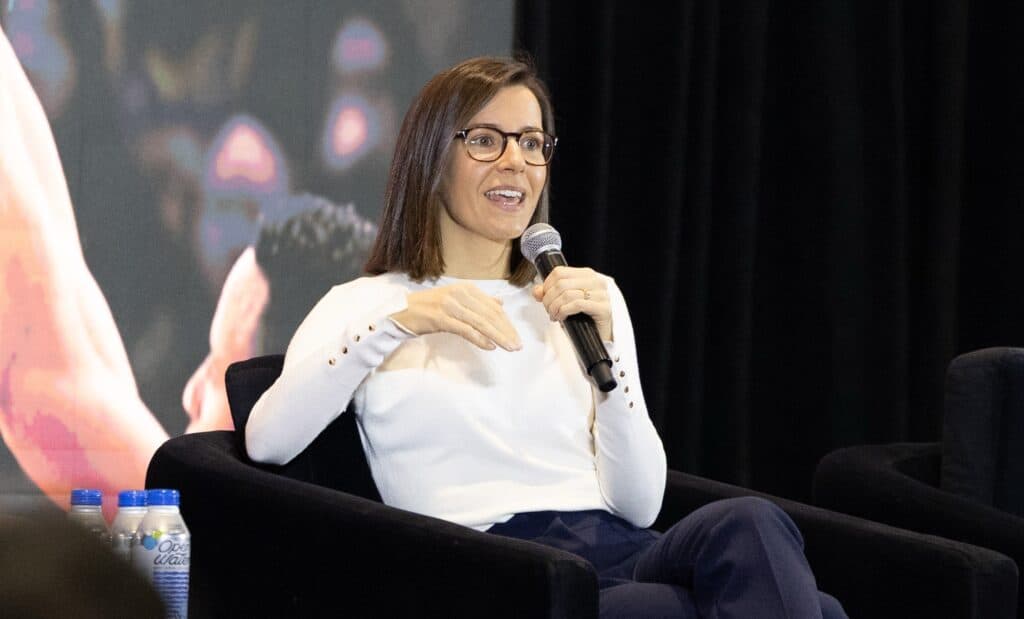 Anna Cejudo, co-founder of Founderz, speaking at the USC Next Level Sports conference about the use of artificial intelligence in women's football.
