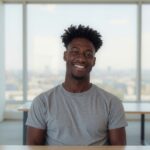 Daniel smiling in a grey T-shirt before office windows overlooking the city