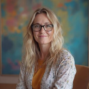 Julia, smiling blonde woman with glasses in front of a colourful abstract painting