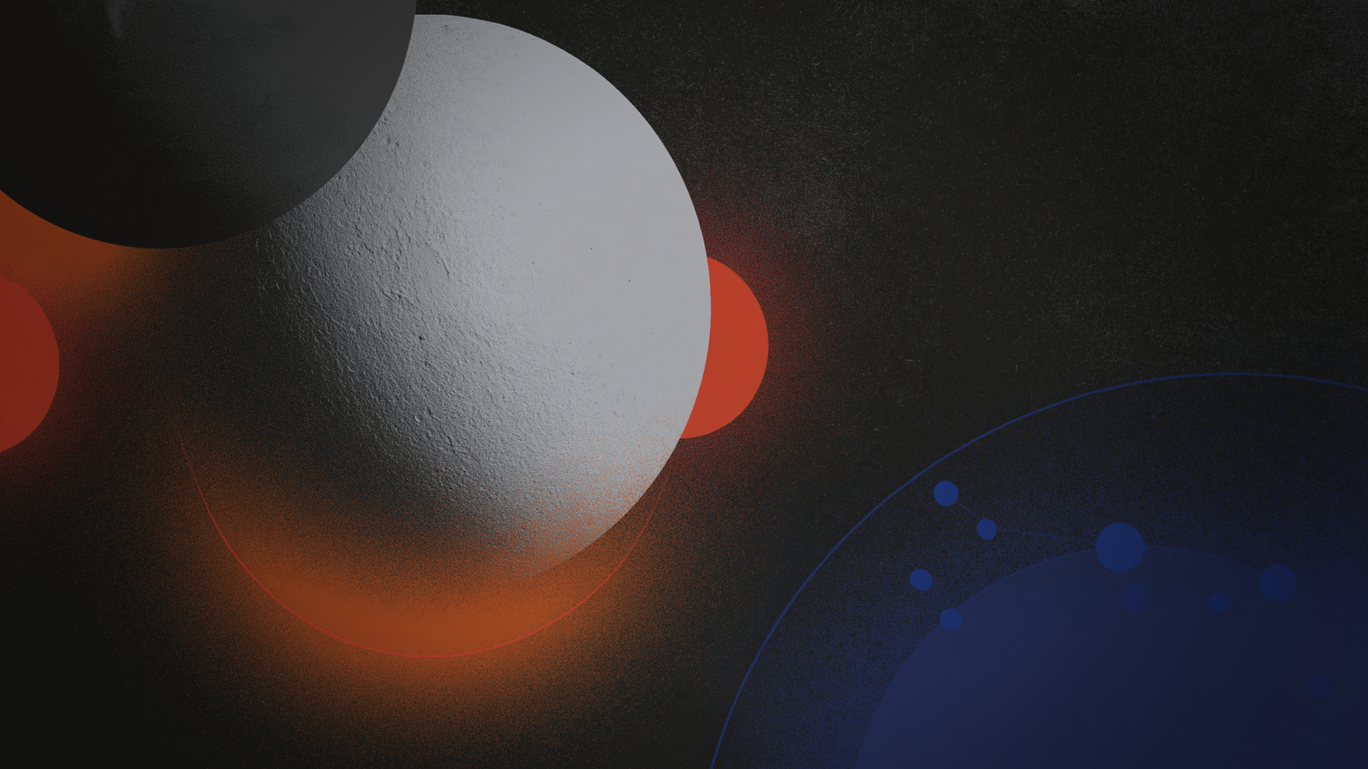 Tres esferas geométricas en gris, naranja y azul flotando sobre fondo oscuro