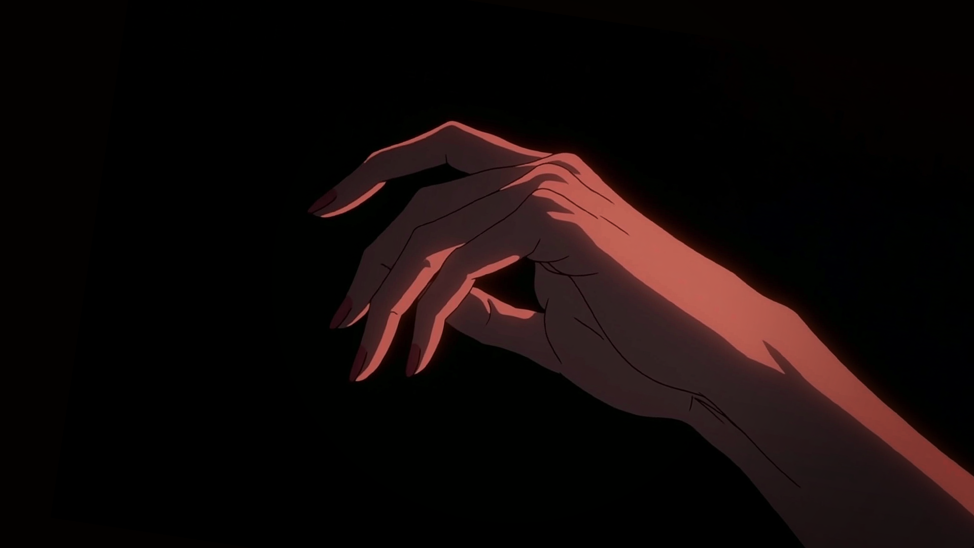 Mano extendida iluminada en tonos rojizos sobre fondo negro