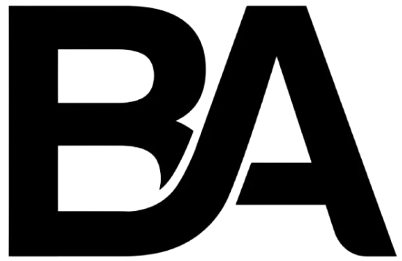 Bold black BA monogram logo with interlocking letters on white