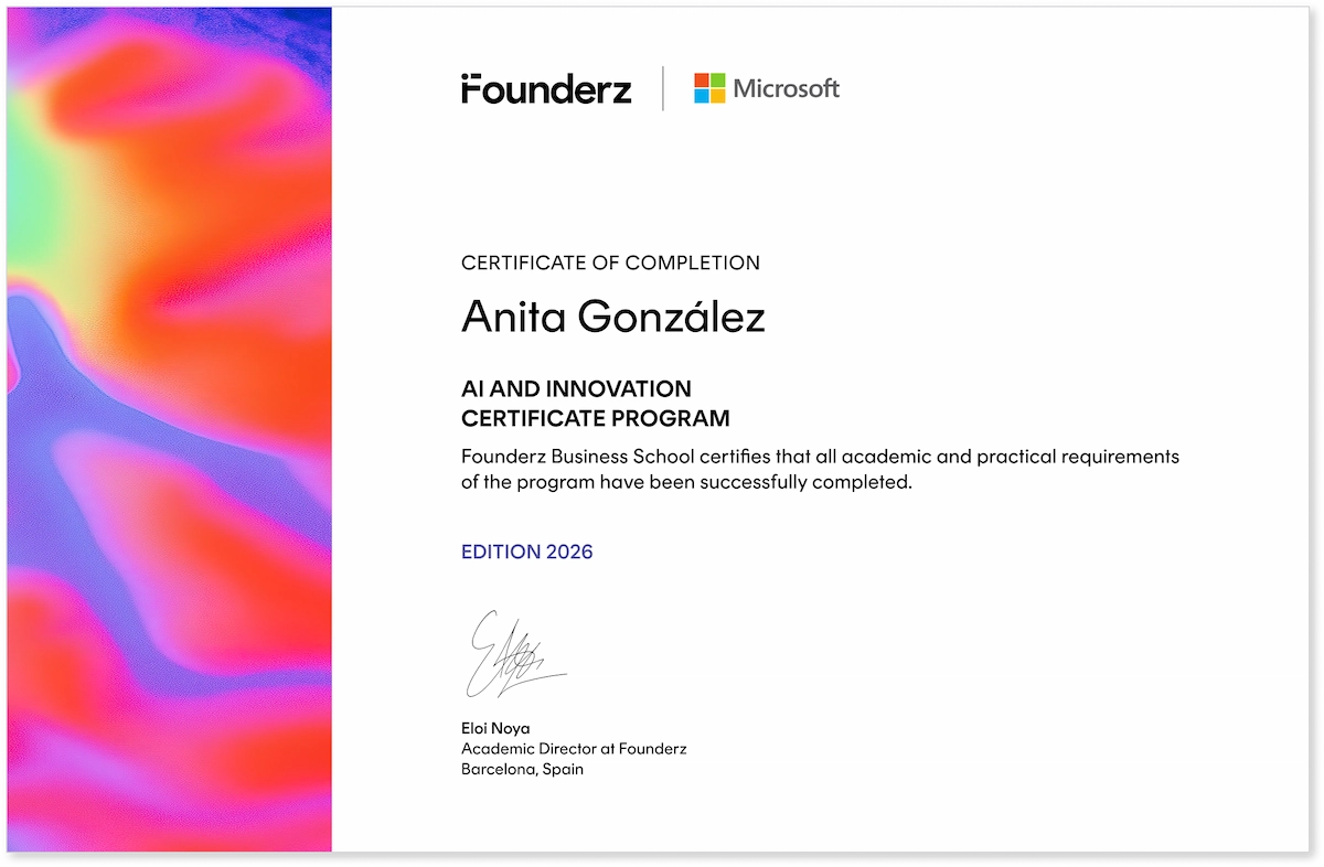 Founderz and Microsoft AI and Innovation Certificate Program completion certificate, edition 2026