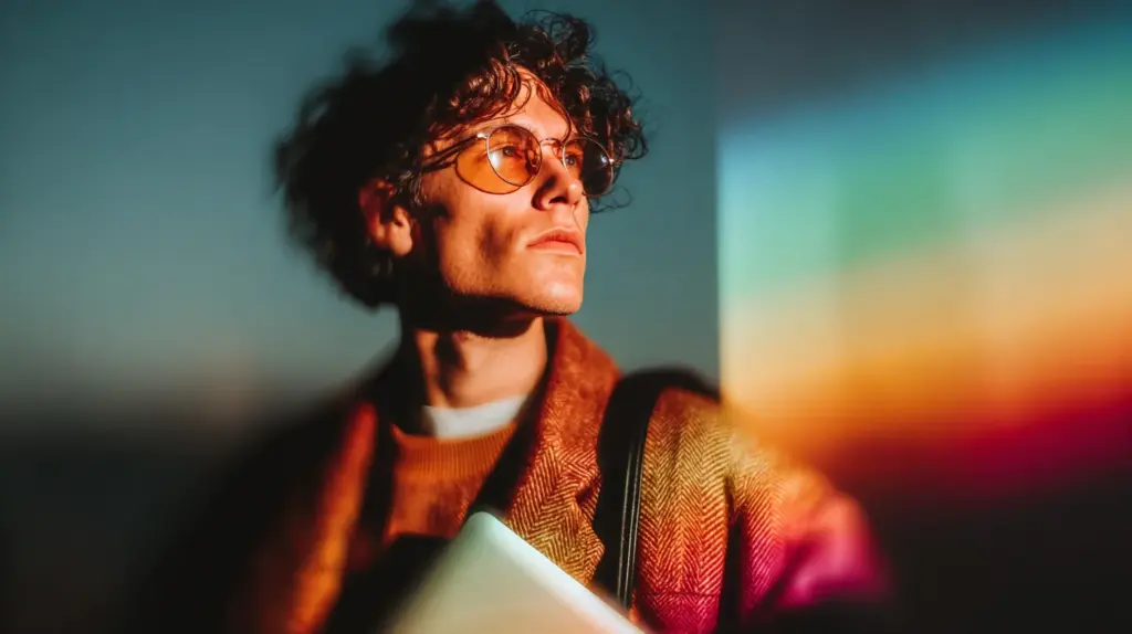 Joven con pelo rizado y gafas tintadas junto a una proyección de luz arcoíris