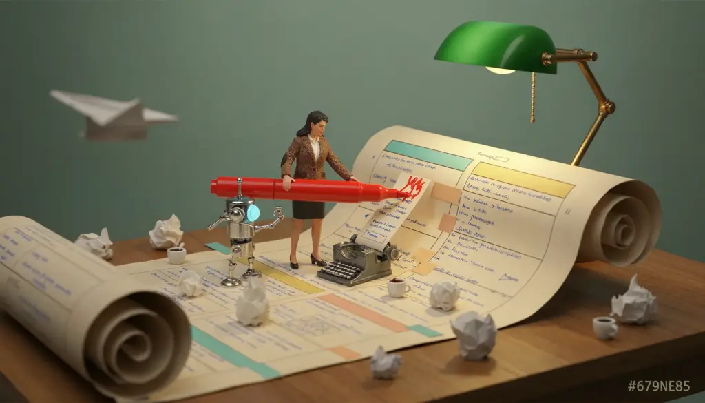 Mujer en miniatura y robot sostienen un rotulador rojo gigante sobre un brief manuscrito