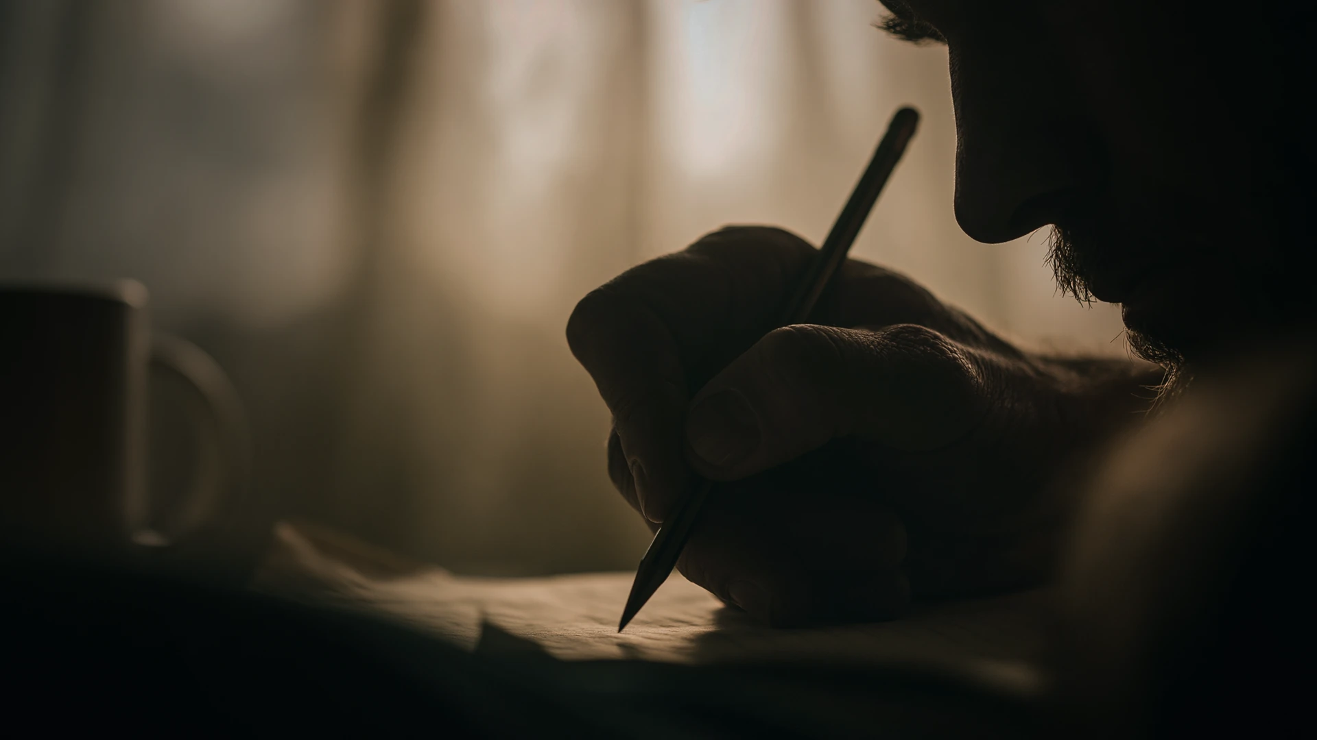 Silueta de escritor tomando notas a la luz de una vela