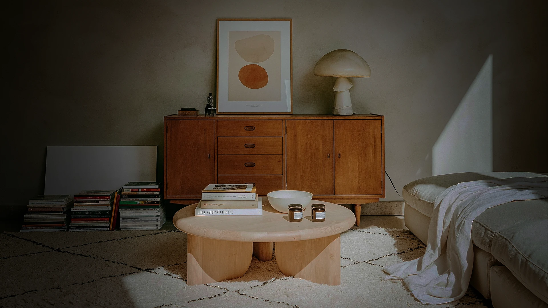 Habitación con mesa de café orgánica, cómoda vintage y luz natural