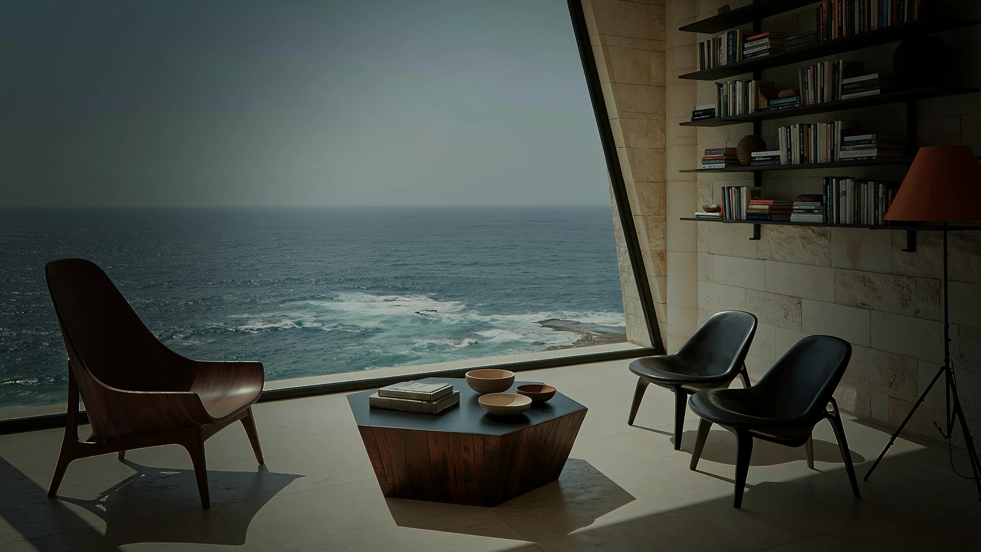 Sala de estar con vistas al mar a través de ventanal de arquitectura moderna