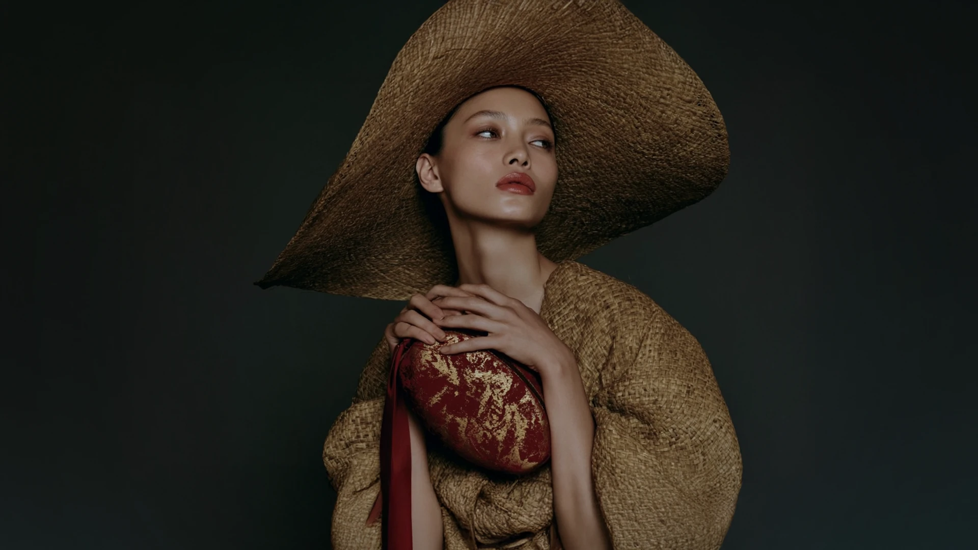 Modelo con sombrero artesanal de ala ancha y pieza textil elaborada