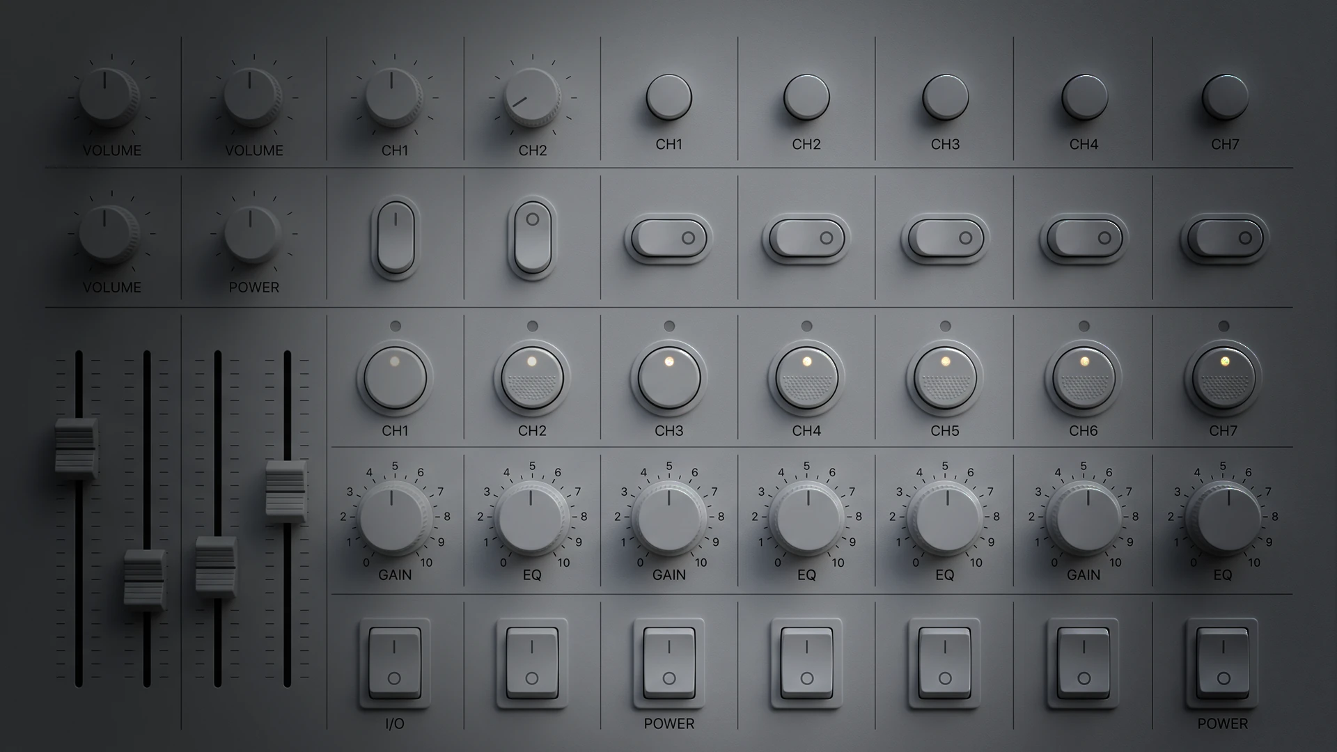 Panel de control de estudio con perillas y faders en tono gris