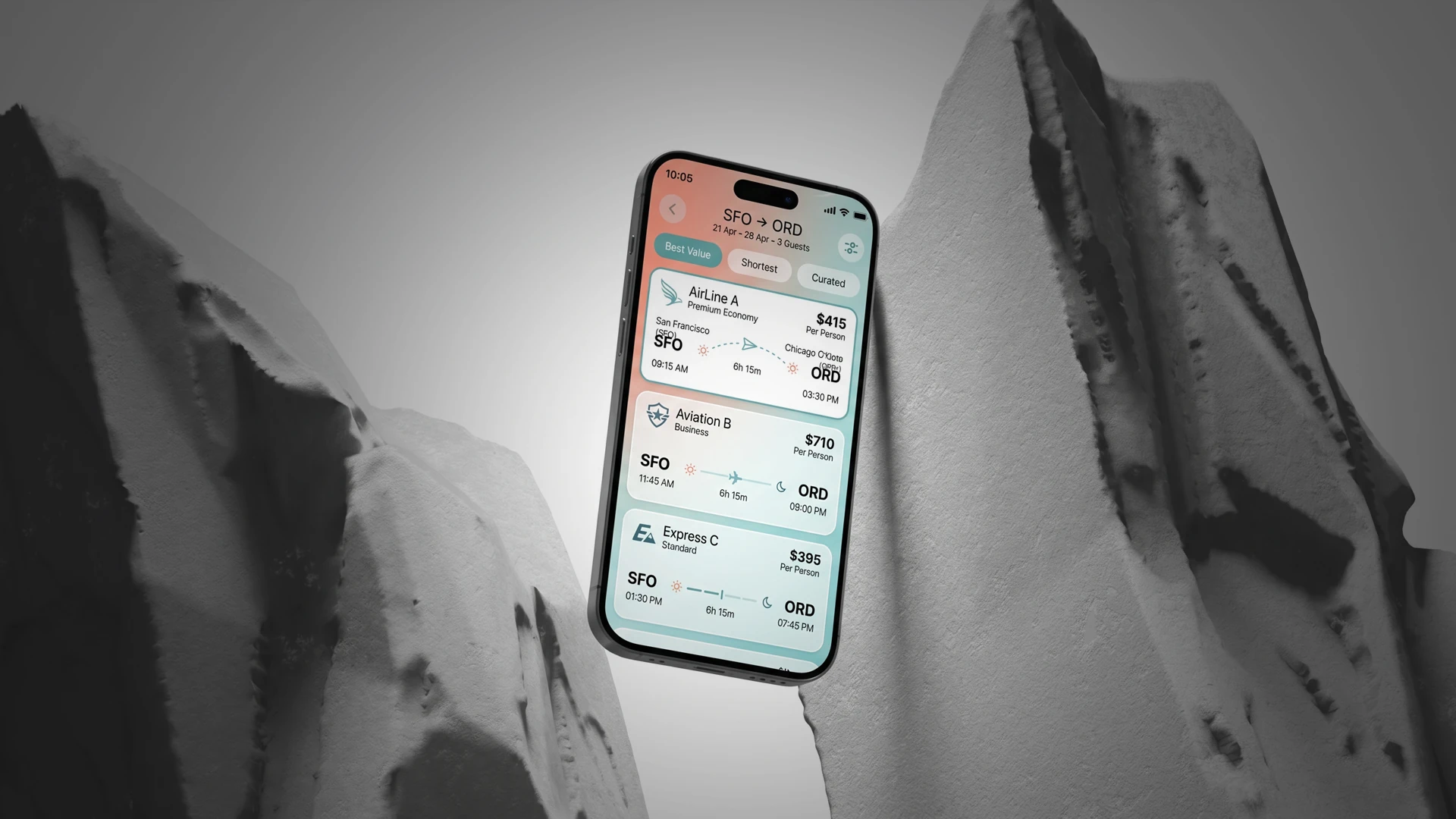 Móvil con dashboard de analítica entre montañas nevadas