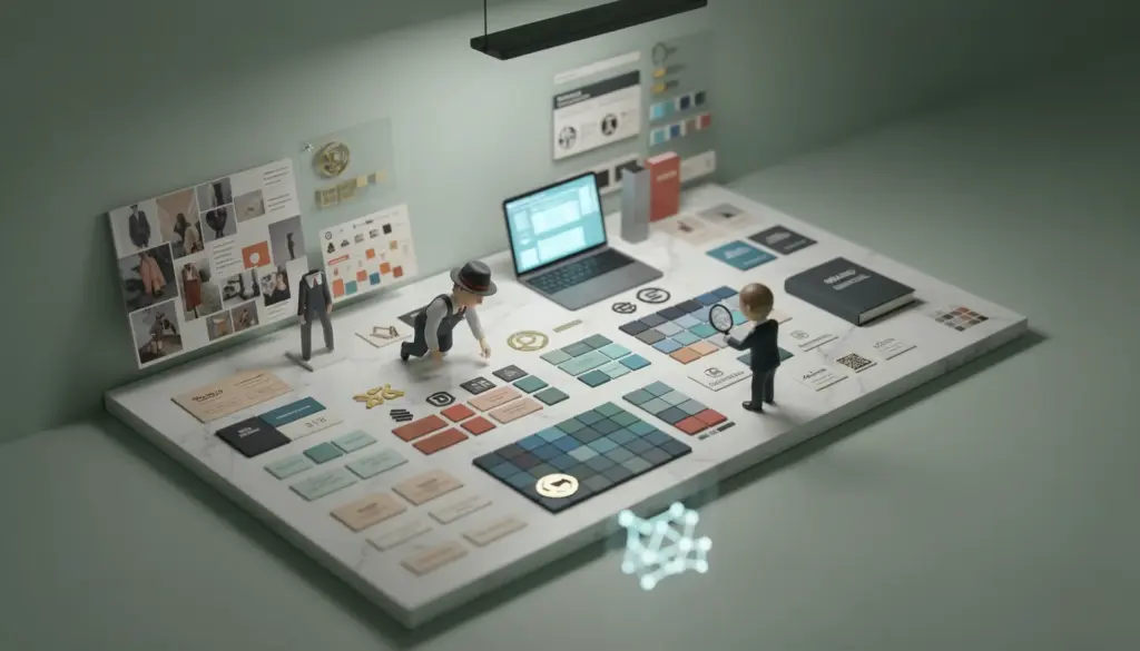 Figuras en miniatura analizan paletas, logotipos y tarjetas sobre una mesa de branding