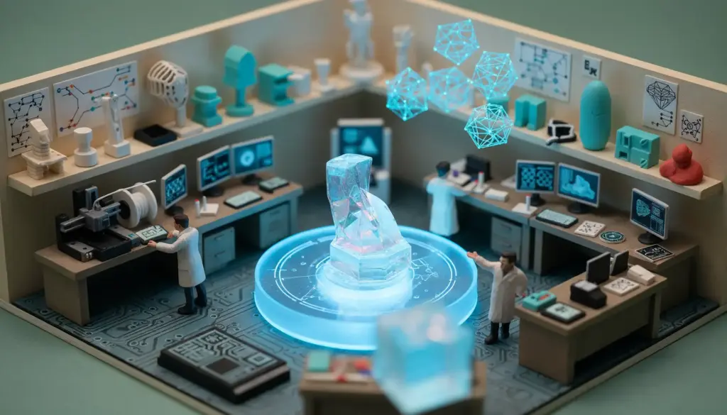 Maqueta de laboratorio de diseño 3D con figuras, impresora y holograma central