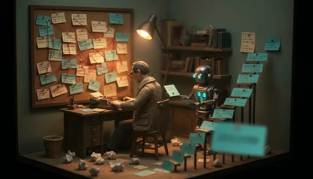 Guionista en miniatura escribe a máquina mientras un robot le pasa notas adhesivas