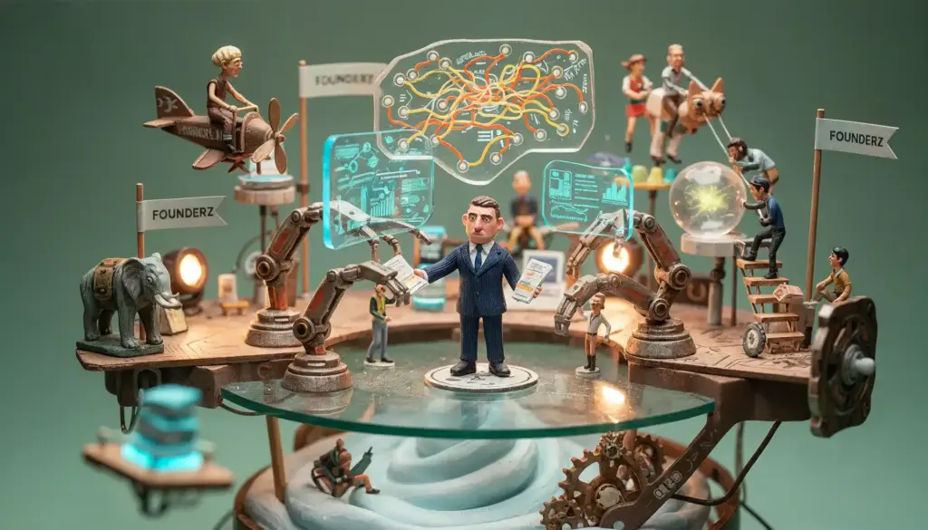 Diorama en plastilina: ejecutivo rodeado de brazos robóticos, pantallas holográficas y banderas Founderz