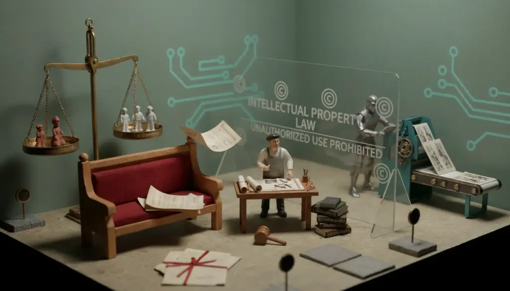 Diorama en miniatura: balanza de la justicia, artesano y robot tras panel de propiedad intelectual