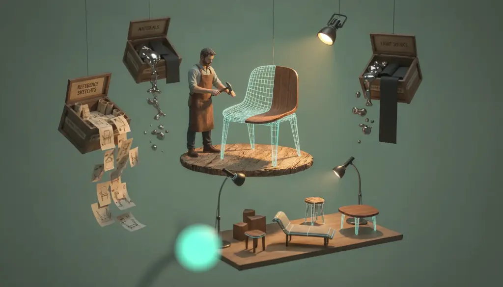 Prompts de IA para diseño 3D: referencias, materiales y escenas