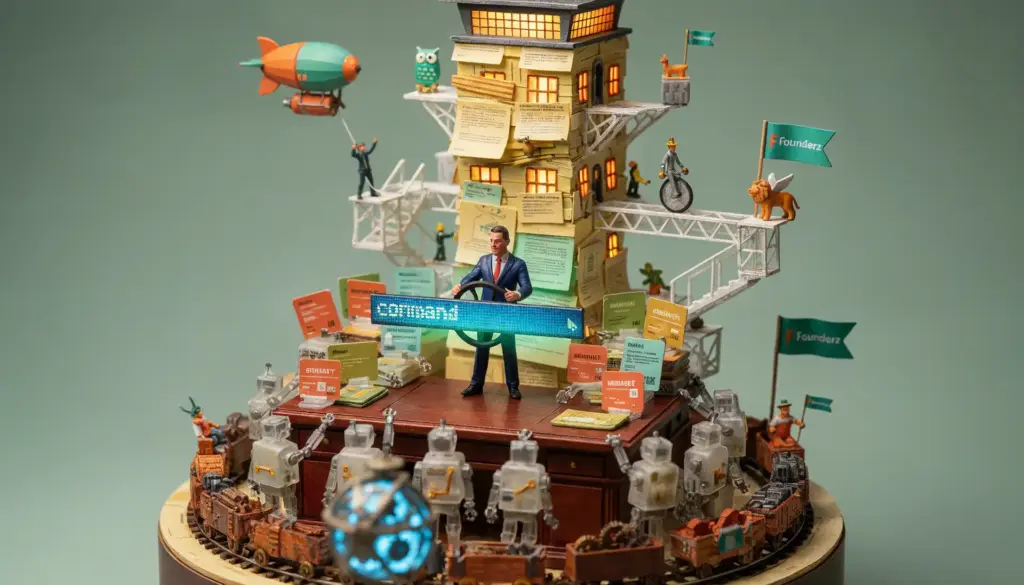 Diorama en miniatura: ejecutivo al volante rodeado de robots, torre de notas y banderas Founderz