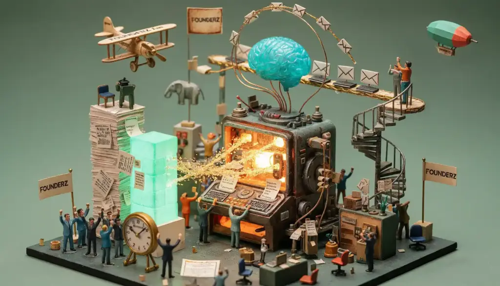 Maqueta en miniatura de una máquina con cerebro azul, figuritas y banderas Founderz