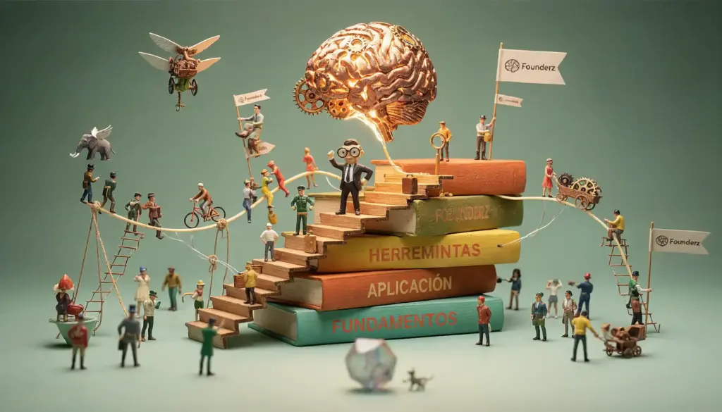 Figuritas suben escaleras de libros Fundamentos, Aplicación y Herramientas hacia un cerebro dorado con banderas Founderz