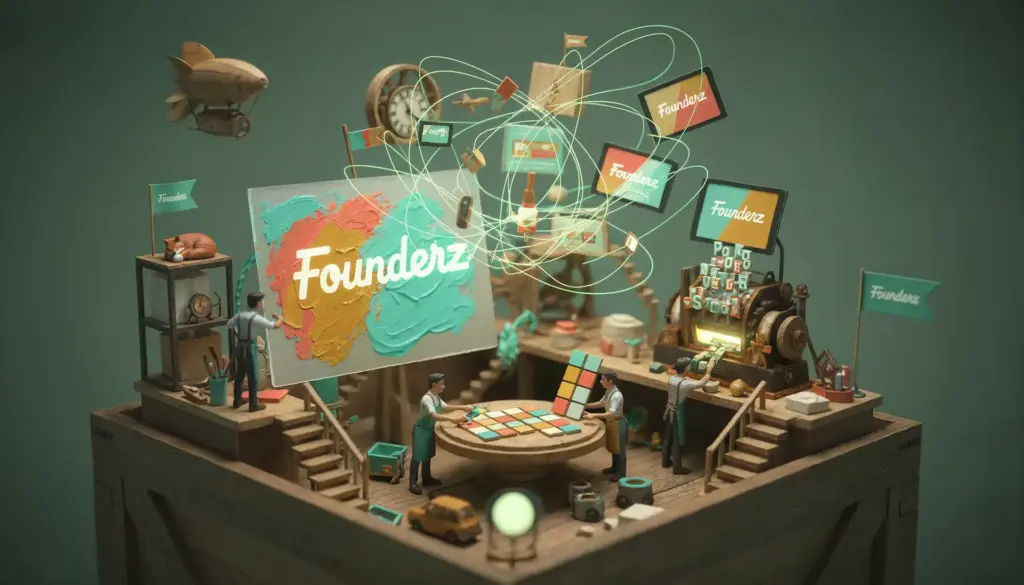 Taller en miniatura donde figuras diseñan la marca Founderz con pintura, pantallas y paletas de color