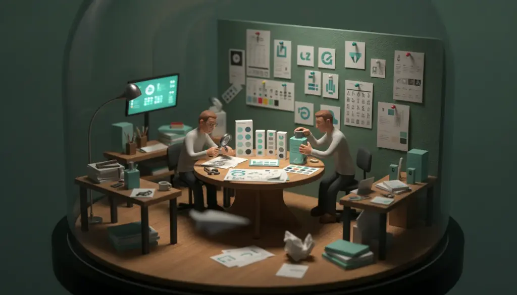 Maqueta en miniatura de dos diseñadores revisando logotipos, paletas y envases de marca