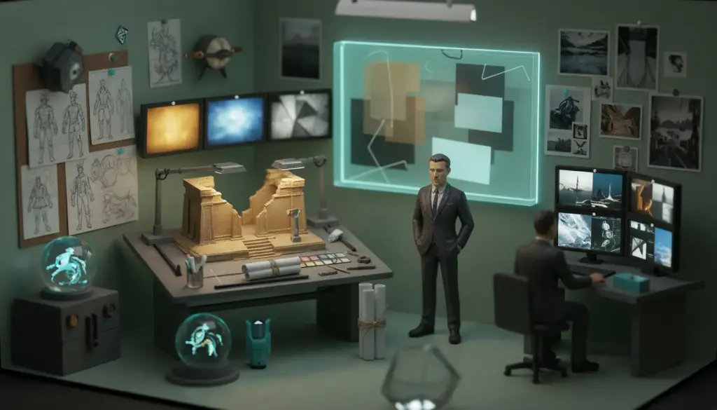 Maqueta de estudio de dirección de arte con bocetos, pantallas y figuras en miniatura
