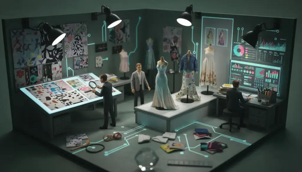 Maqueta de estudio de moda con maniquíes, estampados y pantallas de datos
