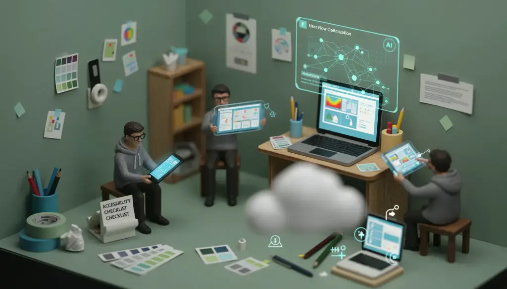 Maqueta en miniatura de un estudio UX con diseñadores, tablets, paletas y panel de optimización de flujos