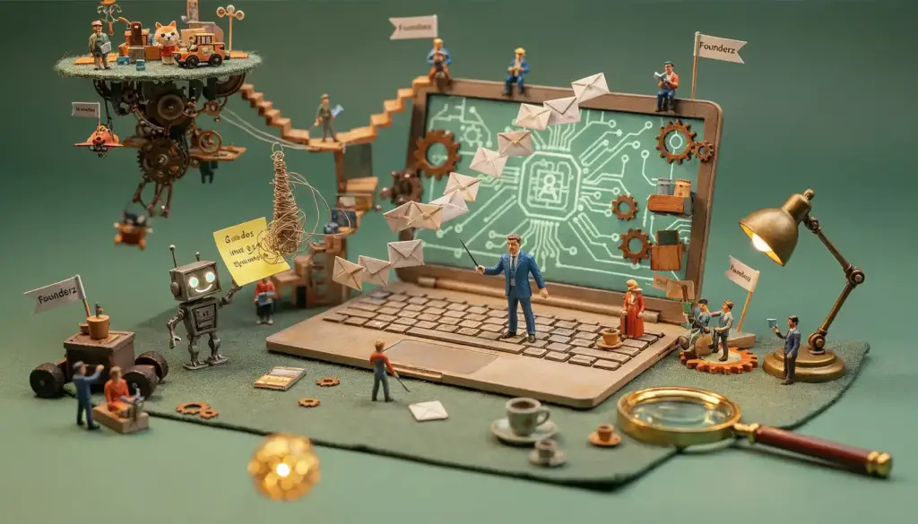 Figuras en miniatura y robot rodean un portátil con sobres flotantes y banderas de Founderz