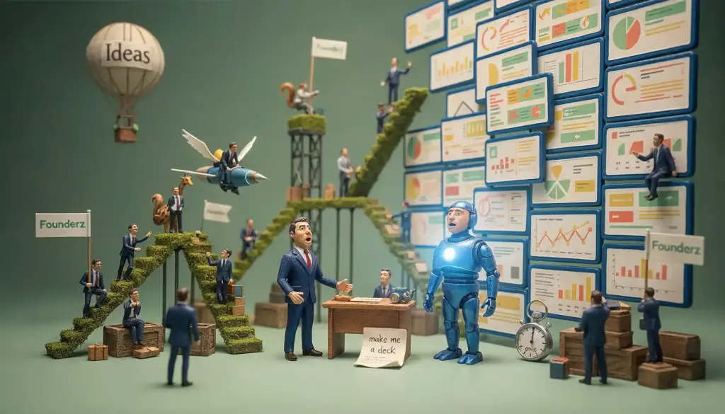 Robot azul y hombre en miniatura ante un mural de diapositivas con banderas Founderz