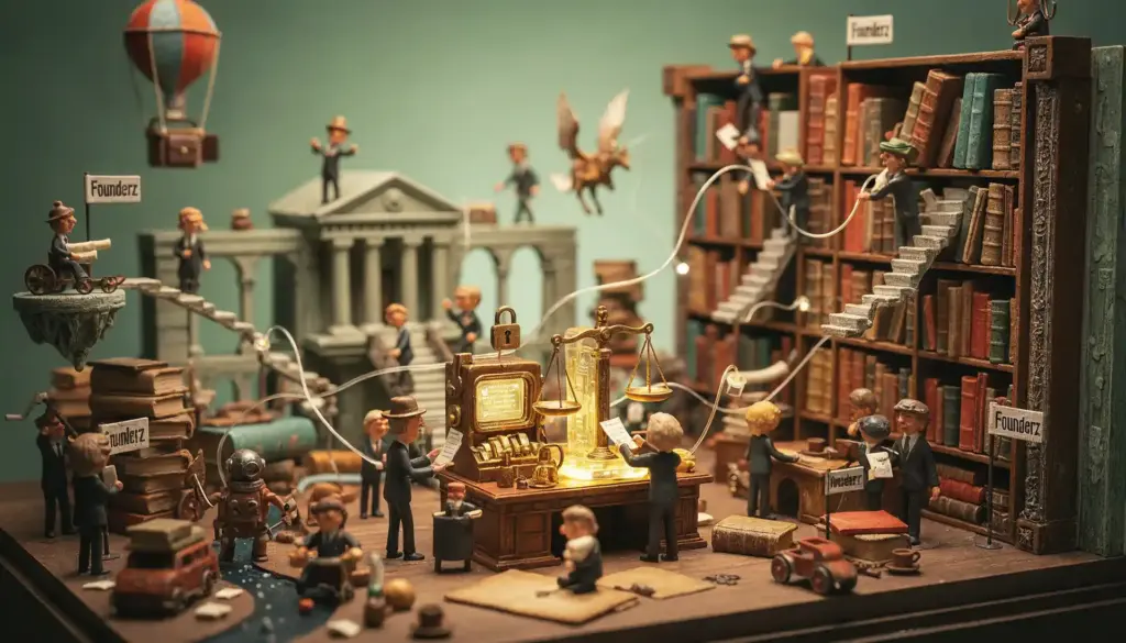 Diorama en miniatura de un despacho jurídico con balanza, libros y carteles de Founderz