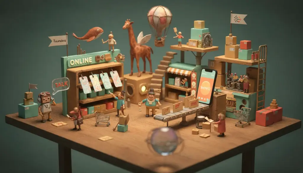 Maqueta de tienda online con figuras, paquetes, carritos y bandera Founderz