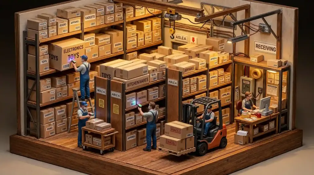 Maqueta de almacén con operarios escaneando cajas etiquetadas y carretilla elevadora