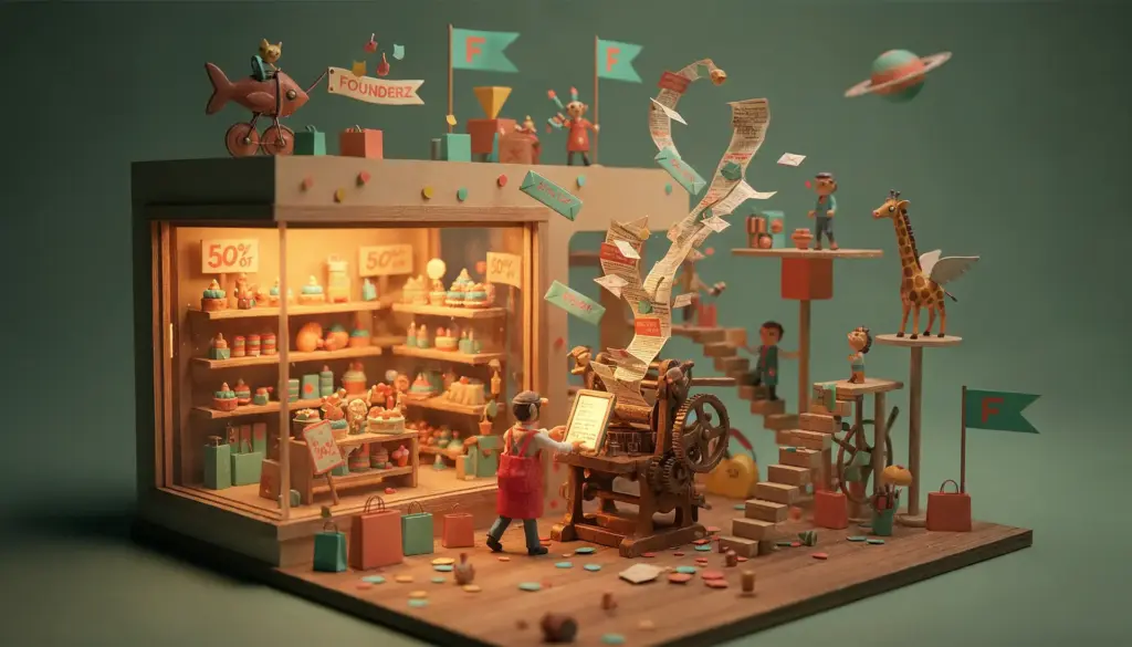 Diorama de tienda con carteles de 50% de descuento y banderines Founderz