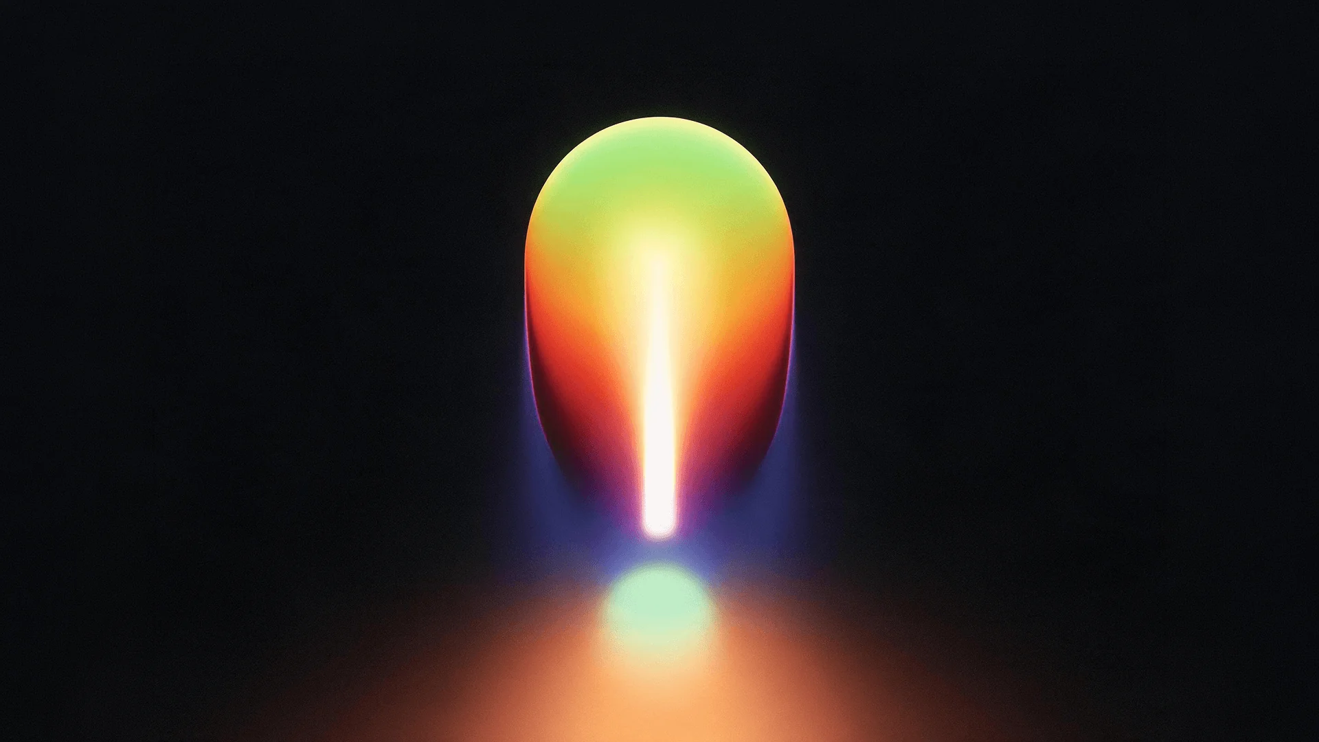 Glowing abstract shape with green, orange and blue gradient on a black background