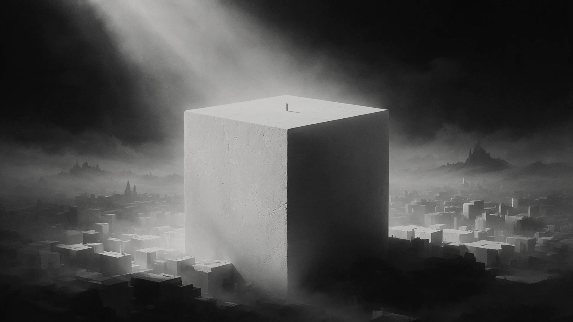 Tiny figure standing atop a giant white cube above a misty city