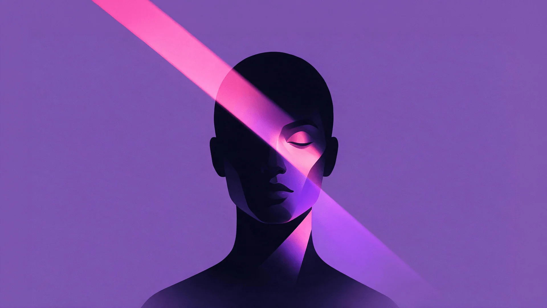 Silhouetted head with closed eyes crossed by a diagonal pink light beam